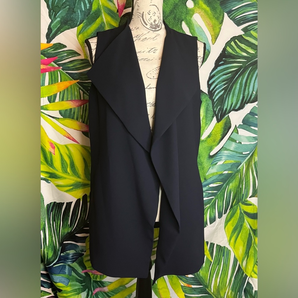 Talbots MP Navy Blue Waterfall Sleeveless Inset Pocket Sleek Business Vest City